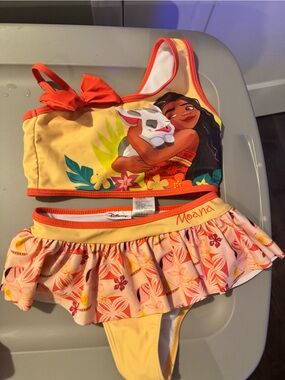 Disney Moana Girls Floral Ruffle Two-Piece Swimsuit - Yellow, Coral & Pink